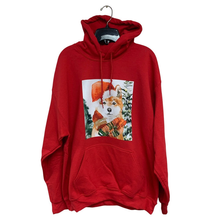 New Hand Printed Womens Large Christmas Santa Dog Long Sleeve Hoodie Sweatshirt