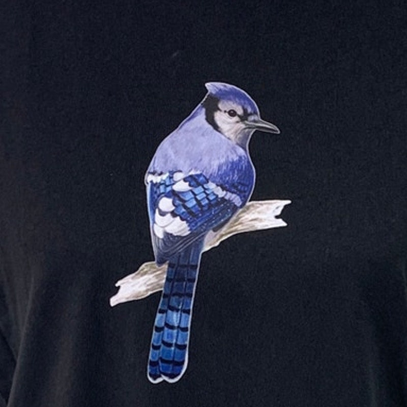 New Upcycled Hand Printed Womens Medium Blue Jay Bird Short Sleeve Tee Shirt