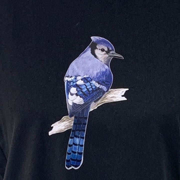 New Upcycled Hand Printed Womens Medium Blue Jay Bird Short Sleeve Tee Shirt