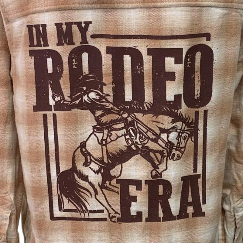 New Hand Printed Womens Large In My Rodeo Era Long Sleeve Plaid Flannel Hoodie