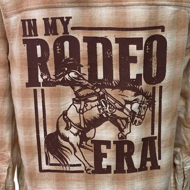 New Hand Printed Womens Large In My Rodeo Era Long Sleeve Plaid Flannel Hoodie