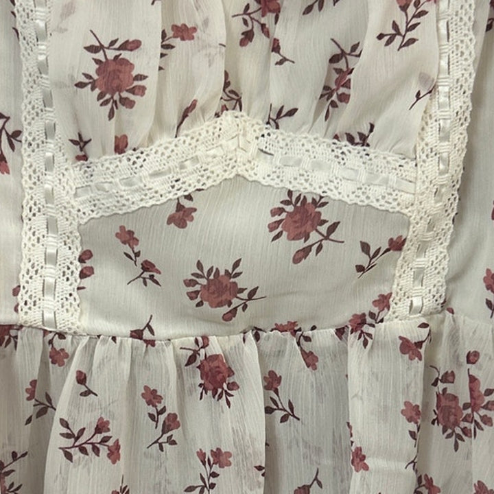 New Francescas Womens XS Cream Pink Floral Boho Blouson Cottage Smocked Top