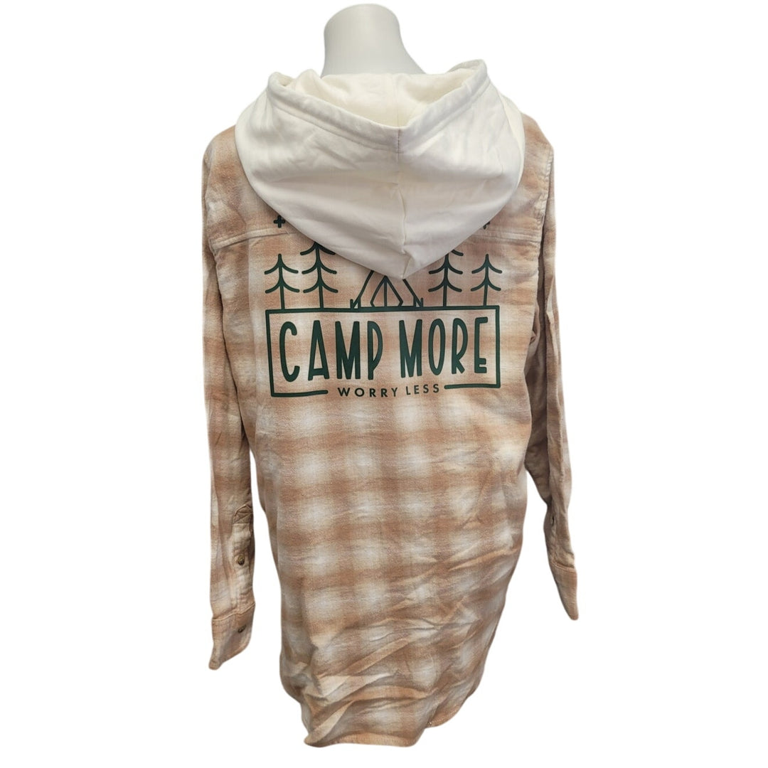 New Hand Printed Womens XL Camp More Worry Less Long Sleeve Plaid Flannel Hoodie