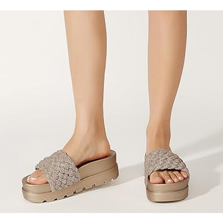 Lucky Step Womens Size 8 Rose Gold Woven Strap Slide On Platform Sandals Shoes