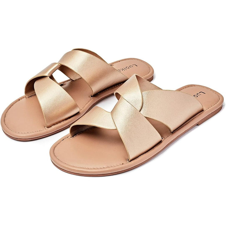 Luoika Womens Size 9W Wide Gold Criss Cross Flat Slide On Sandal Strappy Shoes