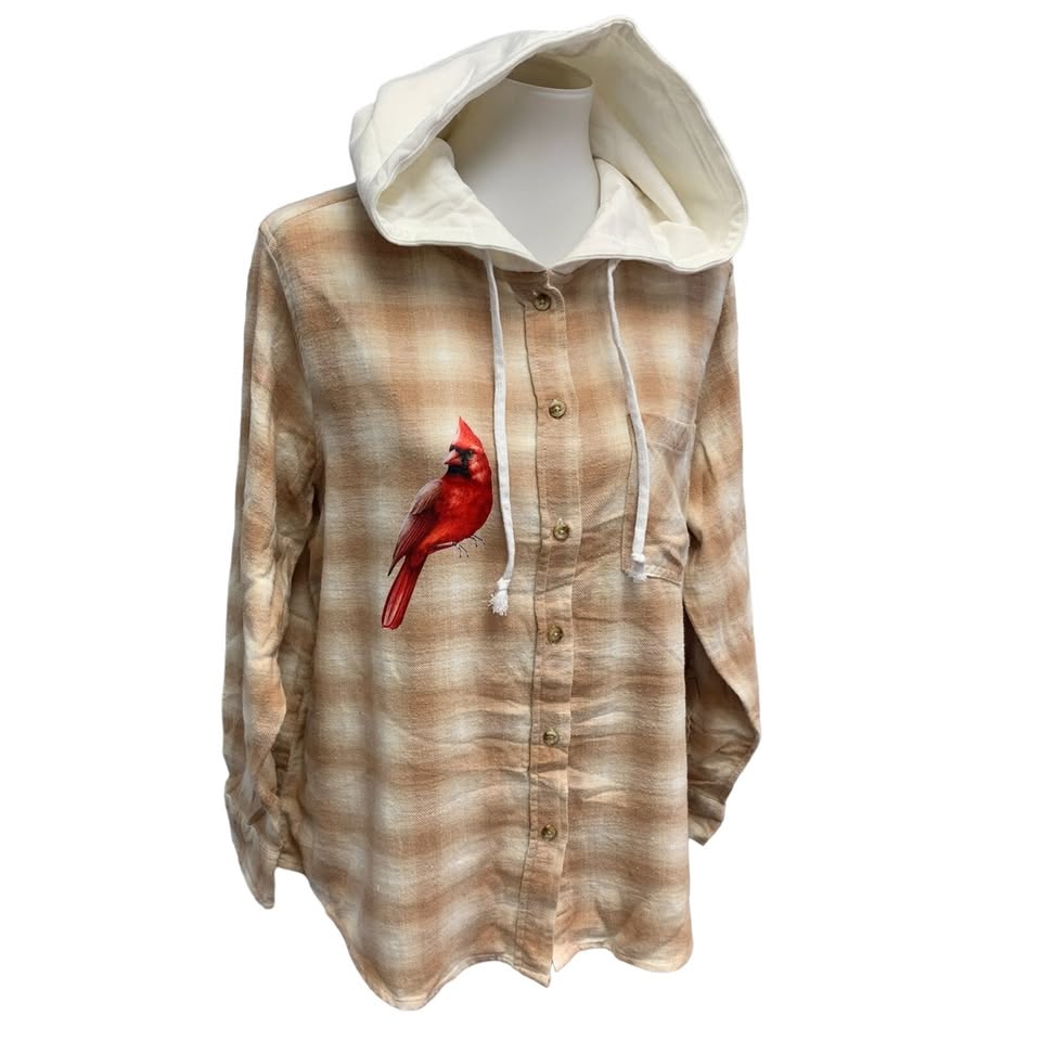 New Hand Printed Womens Large Red Cardinal Bird Plaid Flannel Long Sleeve Hoodie