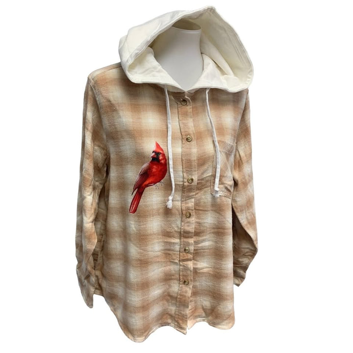 New Hand Printed Womens Large Red Cardinal Bird Plaid Flannel Long Sleeve Hoodie