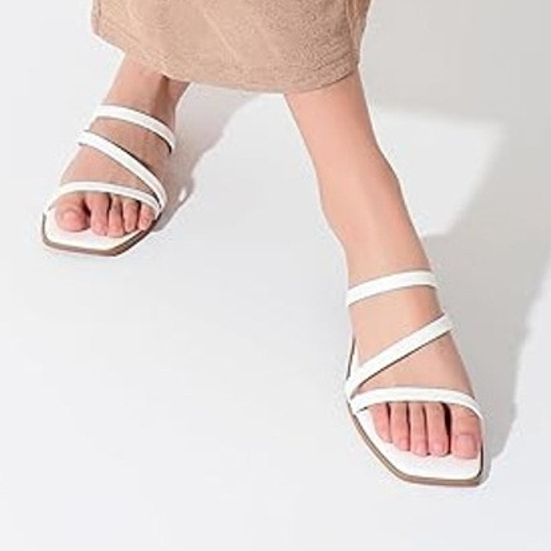 Lacuone Womens 10.5 White Faux Leather Open Toe Strappy Slide On Flat Sandals