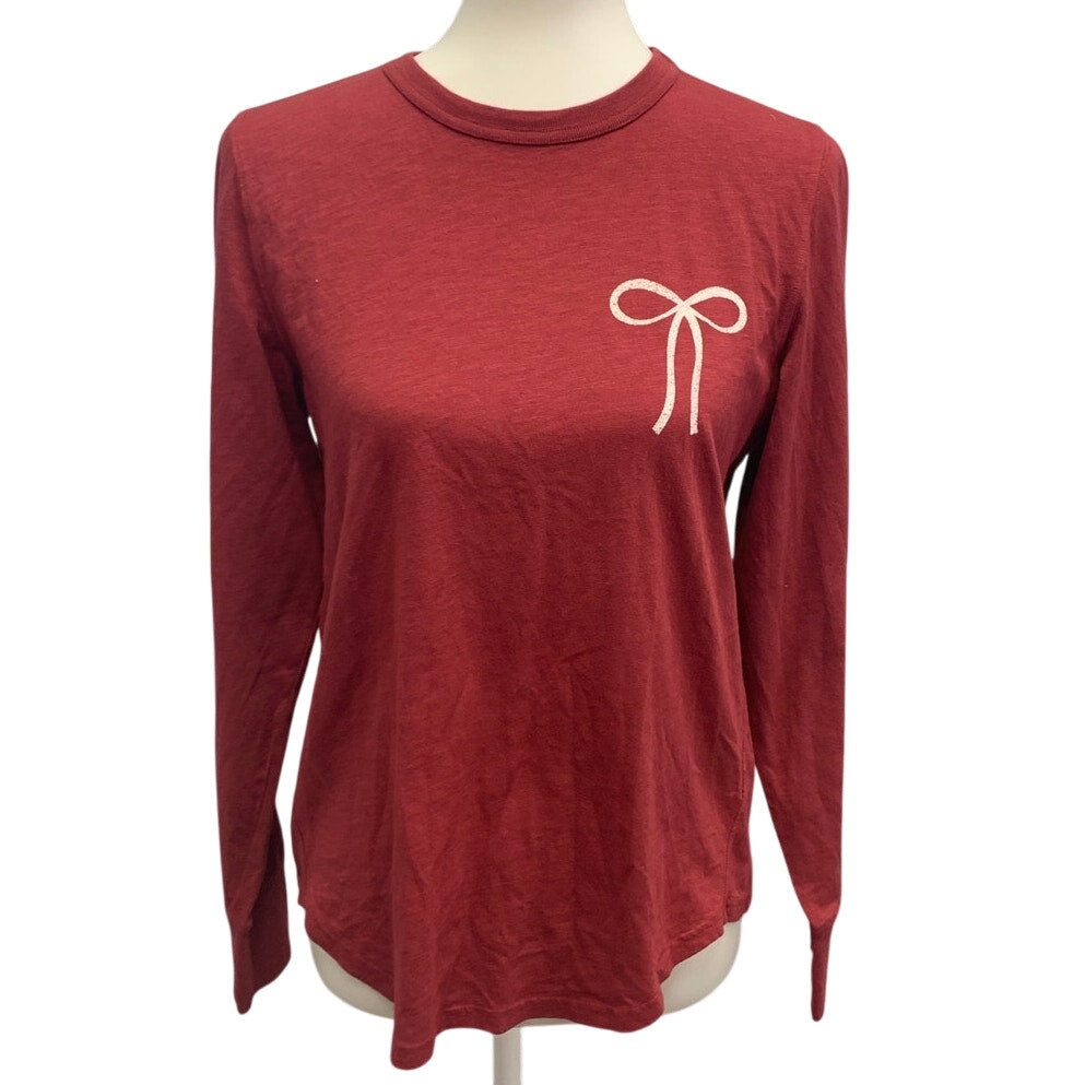 New Aerie Womens Small Red Long Sleeve PolyCotton Tee Shirt w White Ribbon