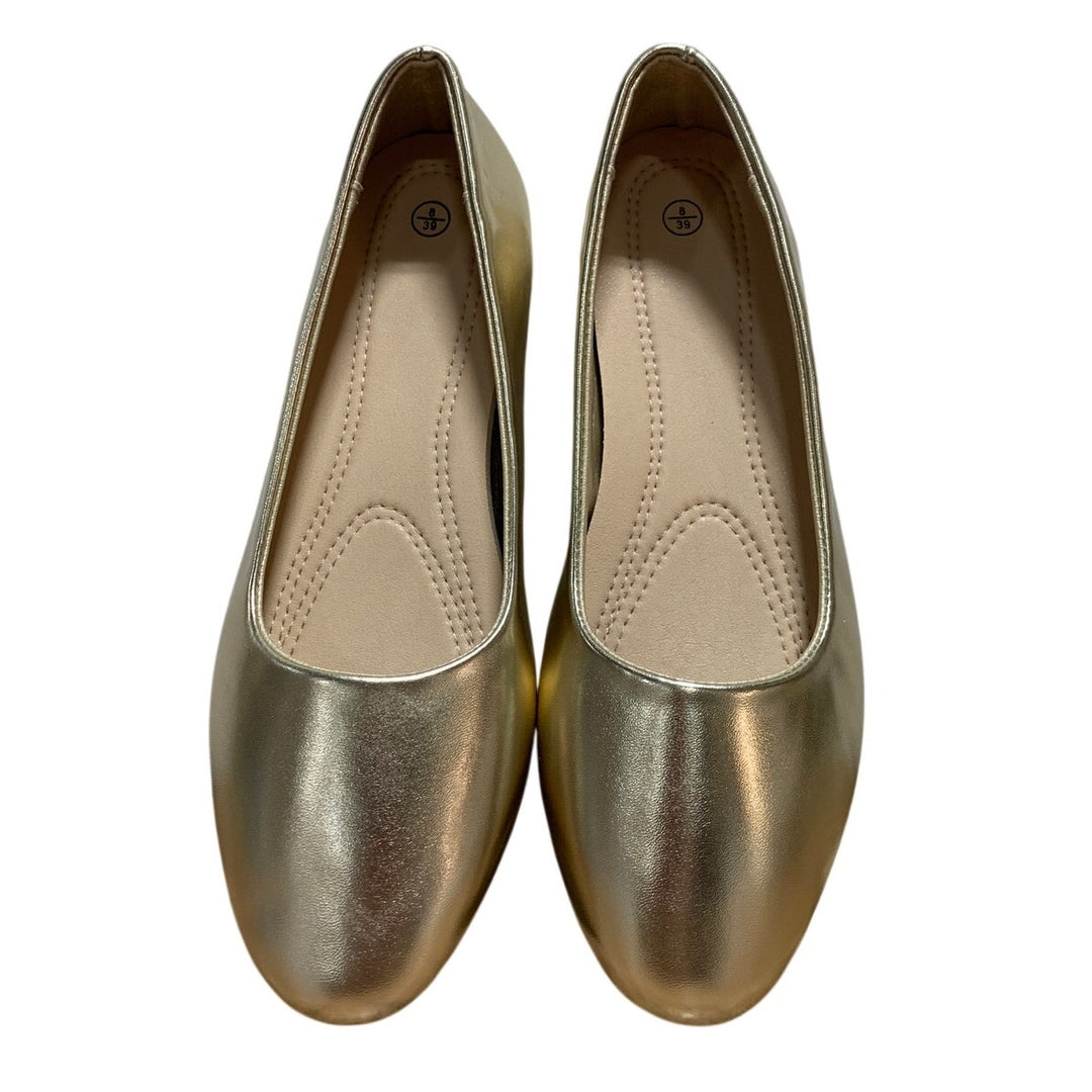 Jeekopeg Womens Size 9 Gold 1.25" Chunky Heel Round Closed Toe PU Leather Shoes