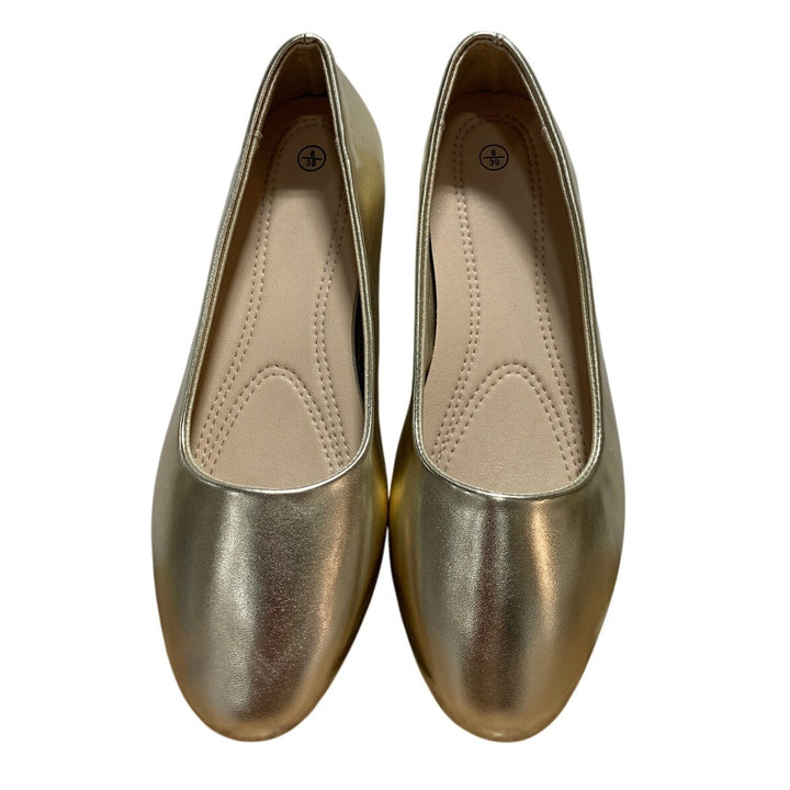 Jeekopeg Womens Size 9 Gold 1.25" Chunky Heel Round Closed Toe PU Leather Shoes