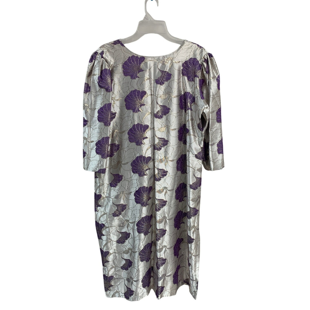 Womens XXL Silver Metallic Purple Floral Long Sleeve V Neck Midi Shift Dress
