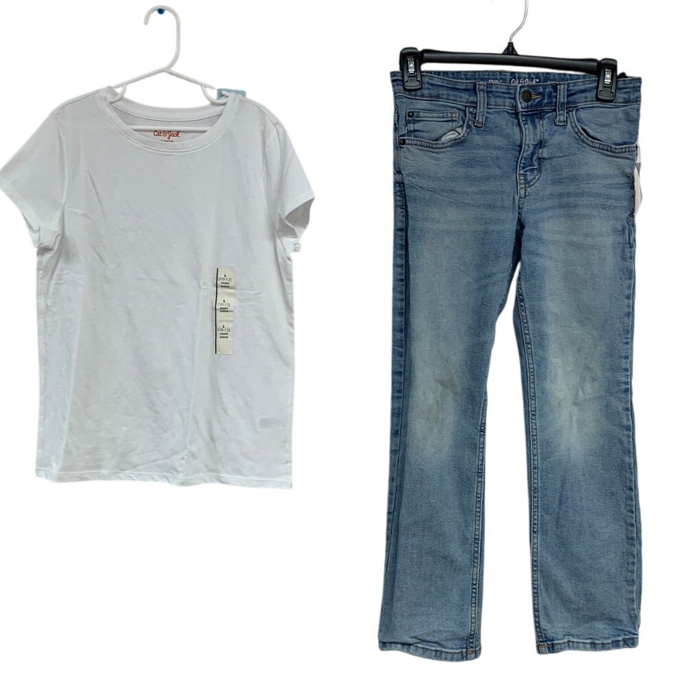 2 NWT New Cat &amp; Jack Boys Large (10/12) White Tee Shirt Straight Denim Jeans