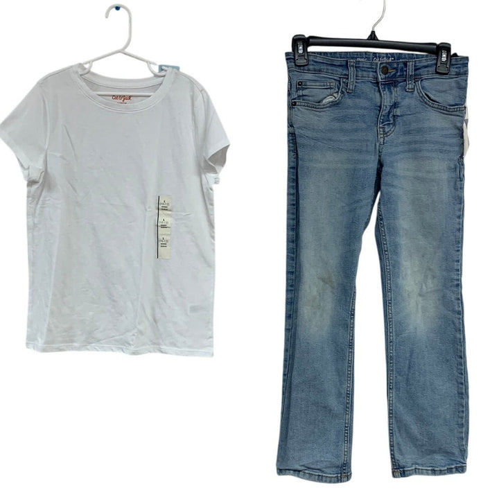 2 NWT New Cat &amp; Jack Boys Large (10/12) White Tee Shirt Straight Denim Jeans