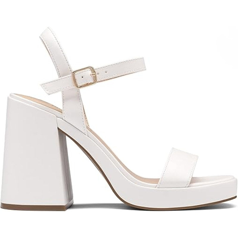 Dream Pairs Womens 8.5 White Faux Leather 4.5" Block Heel Open Toe Sandal Shoes