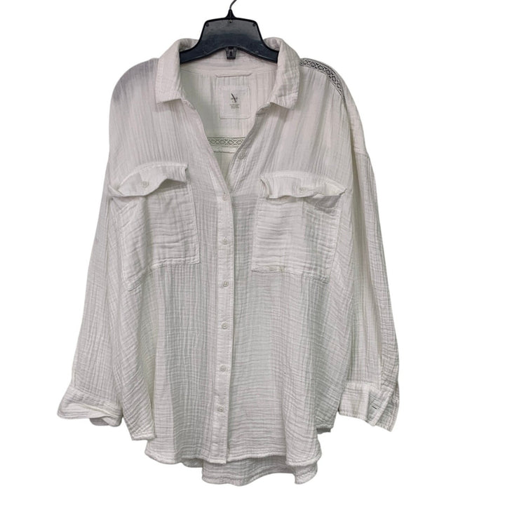 New Aerie Womens XXL White Lace Long Sleeve 100% Cotton Collared Button Up Shirt