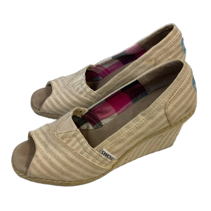 Toms Womens Size 7 Open Toe Striped Fabric High Heel Wedge Casual Shoes