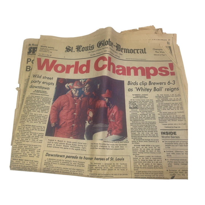 Vintage 1982 St Louis Baseball Cardinals World Champs Globe-Democrat Newspaper