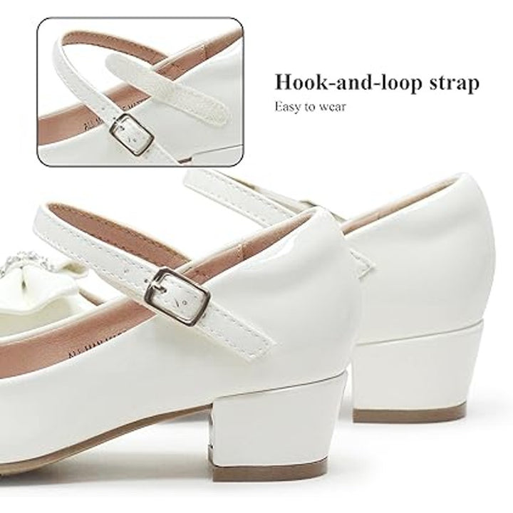 Girls Size 3 Flower Girl White Low Heel Rhinestone Bow Dress Wedding Shoes