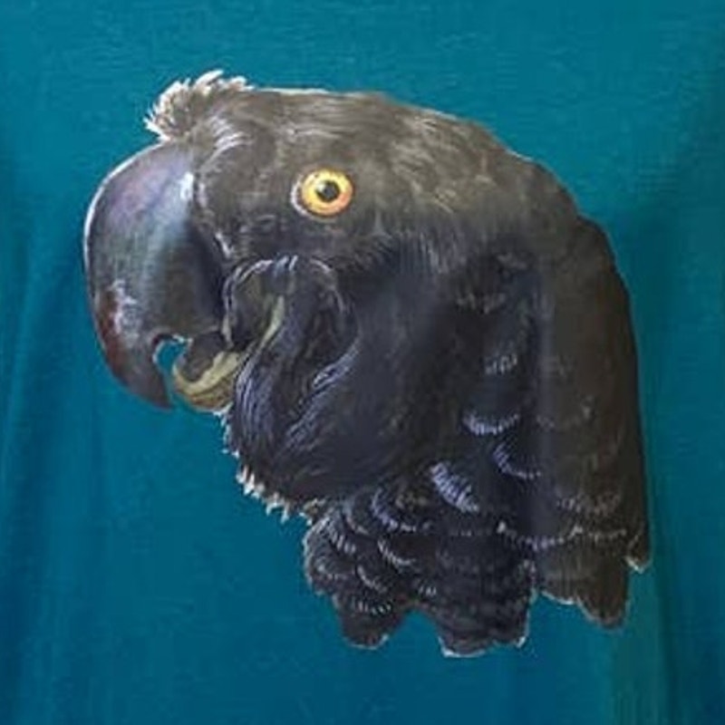 Upcycled Hand Printed 1X Black Parrot Bird Ukraine Artist Fundraiser Tee