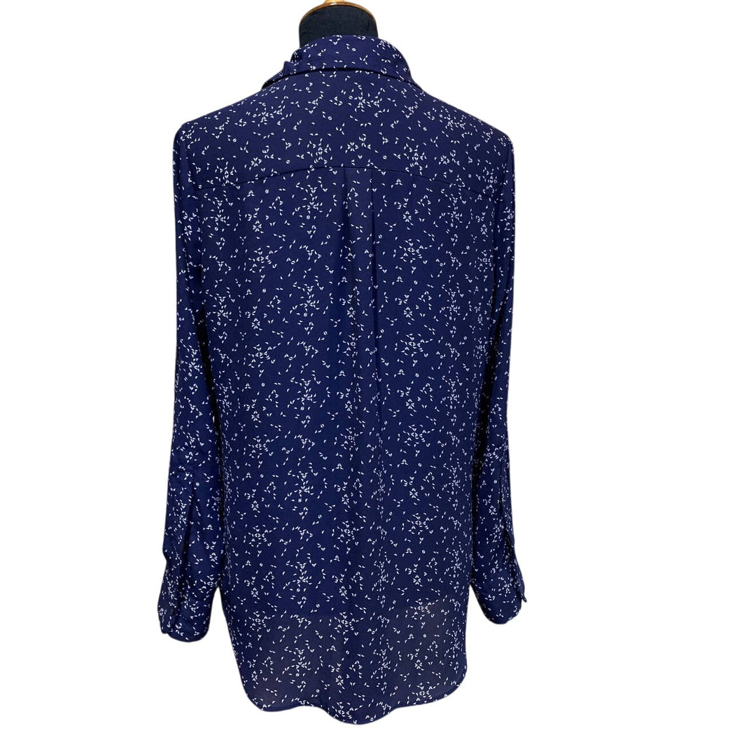 Mossimo Medium Navy Blue White Long Sleeve Flowy Polyester Button Down Blouse