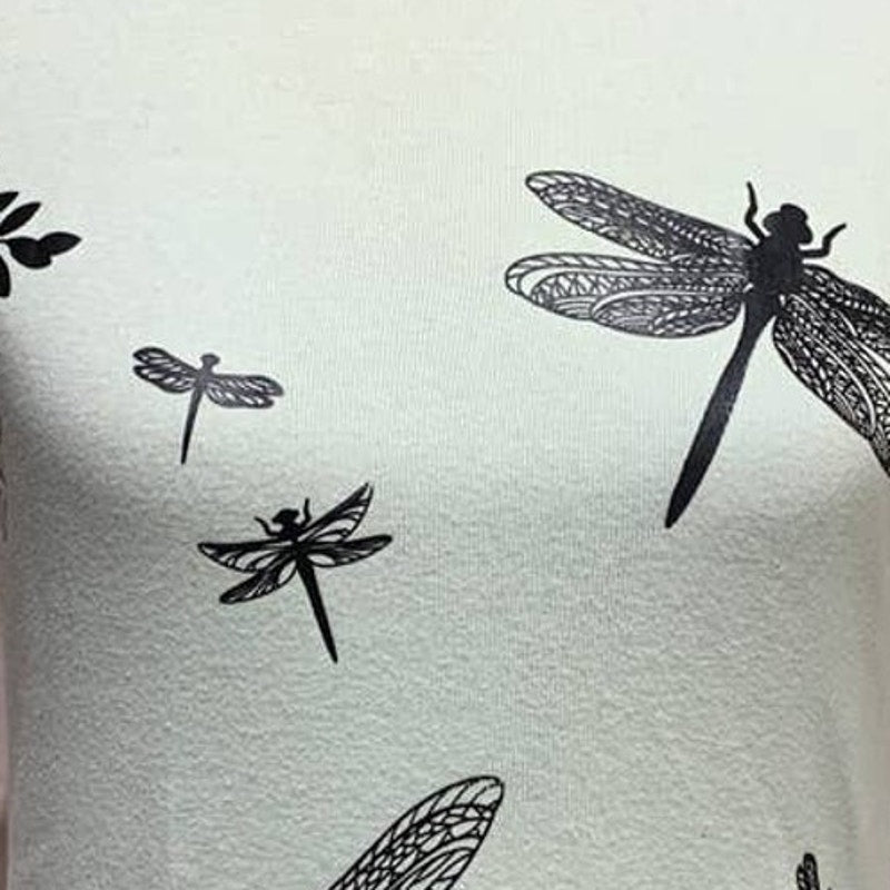 Hand Printed Upcycled Womens Medium Dragonfly Short Sleeve Pale Green Cotton Tee