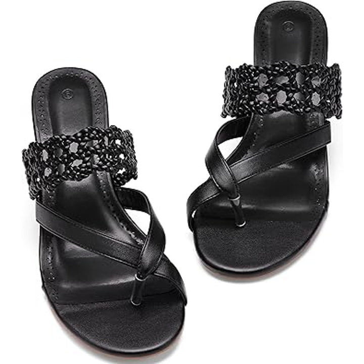 Coutgo Womens Size 8.5 Black Mesh Strap 3" Heel Open Toe Thong Sandal Shoes