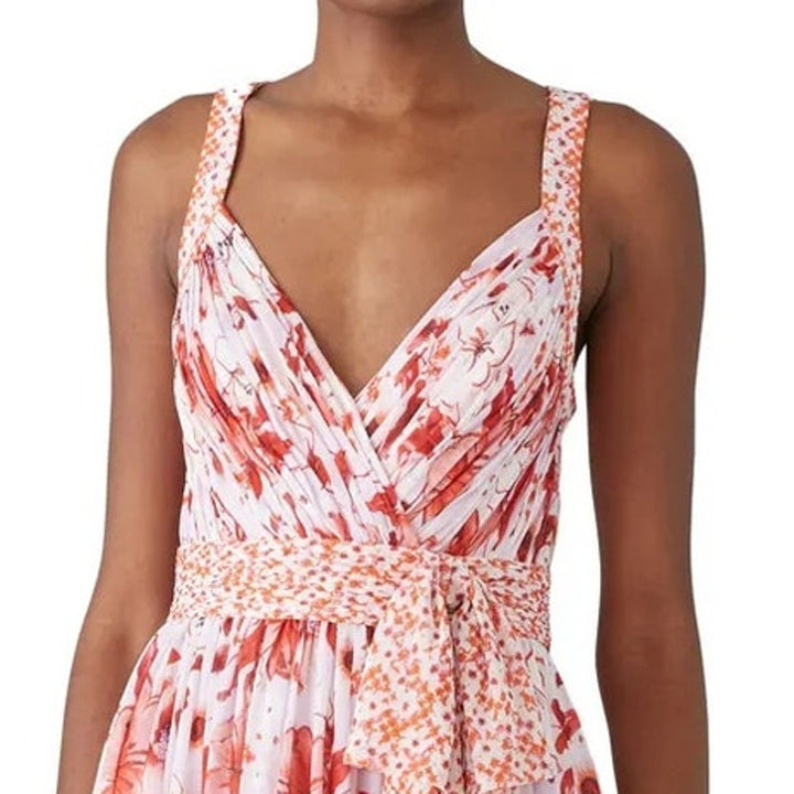 Badgley Mischka Size 16 Pink Floral Cris Cross Back Deep V Flowy Maxi Dress Gown