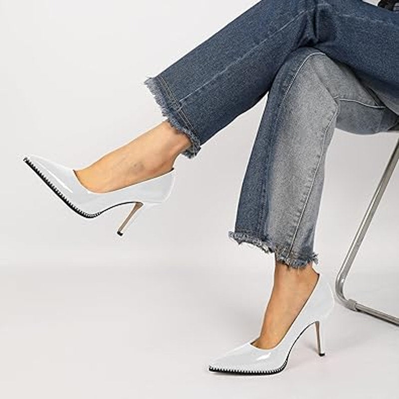 Sammitop Womens Size 8 White Patent Leather Pointy Toe 3.5" Heel Beaded Pumps