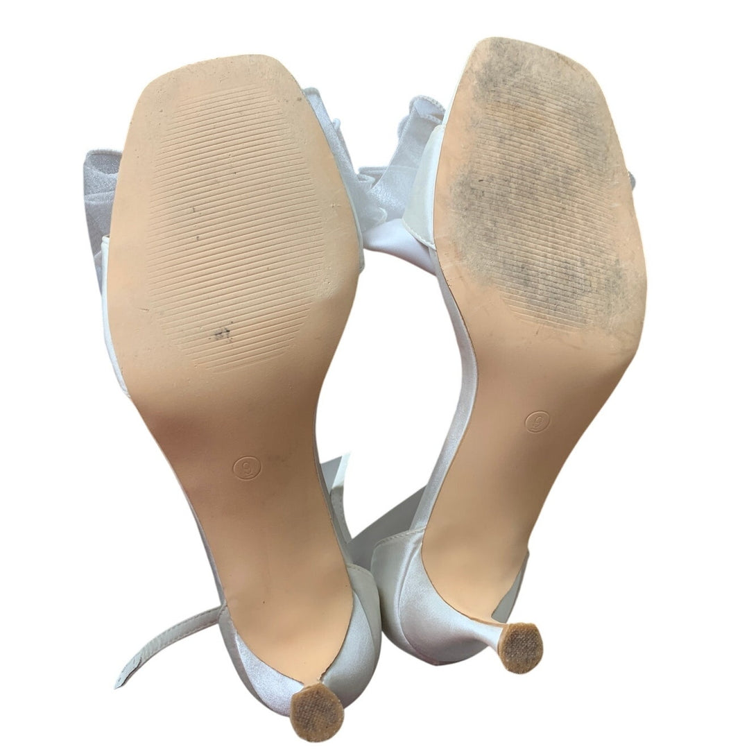 Coutgo Womens Size 9 Ivory White Ribbon Bow 2.5" Heel Open Toe Ankle Strap Shoes