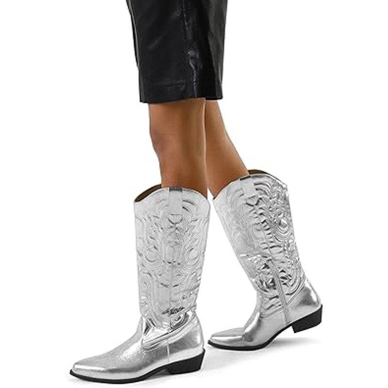 Mysoft Womens Size 7 Shiny Silver Mid Calf 1.5" Chunk Heel Cowgirl Western Boots