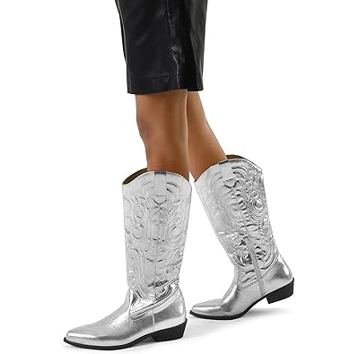 Mysoft Womens Size 7 Shiny Silver Mid Calf 1.5" Chunk Heel Cowgirl Western Boots