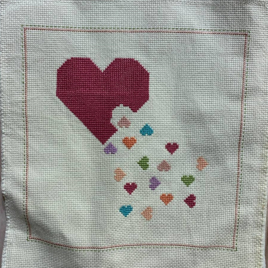 Lot of 2 Handmade Cross Stitch Heart Themed Square Artwork Ready to Frame Art