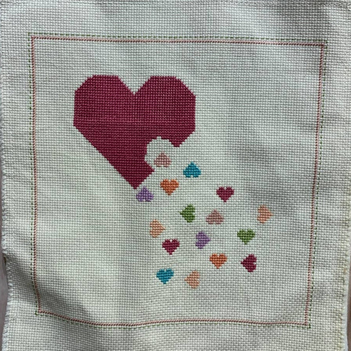 Lot of 2 Handmade Cross Stitch Heart Themed Square Artwork Ready to Frame Art
