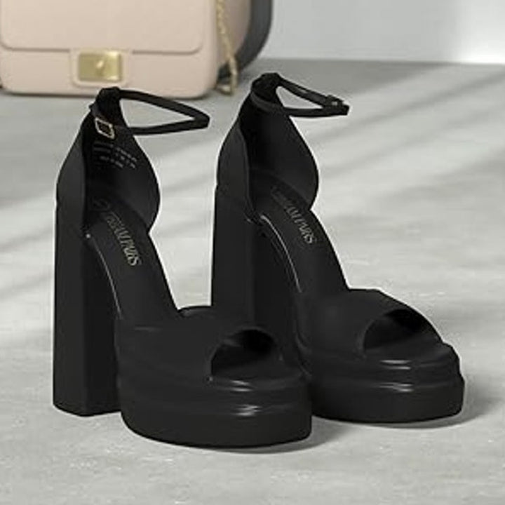 Dream Pairs Womens Size 10 Black Faux Leather 6" Platform Ankle Strap Heel Shoes