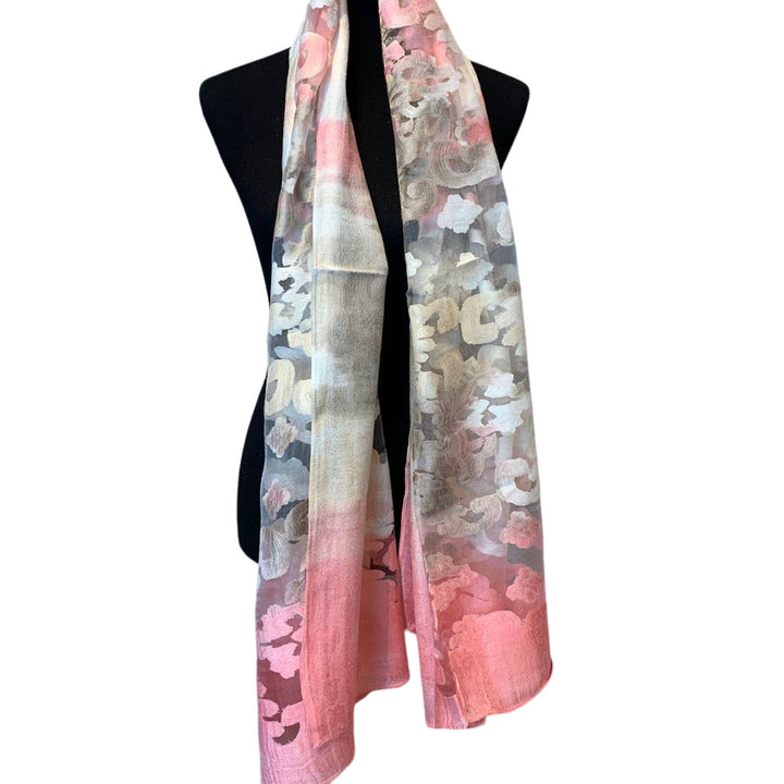 New Pretty Pink Long Sheer Pink Silver White Watercolor Lightweight Scarf Wrap