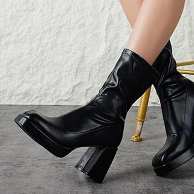 Putu Womens Size 7.5 Black Faux Leather 3.75" Platform Block Heel Pull On Boots
