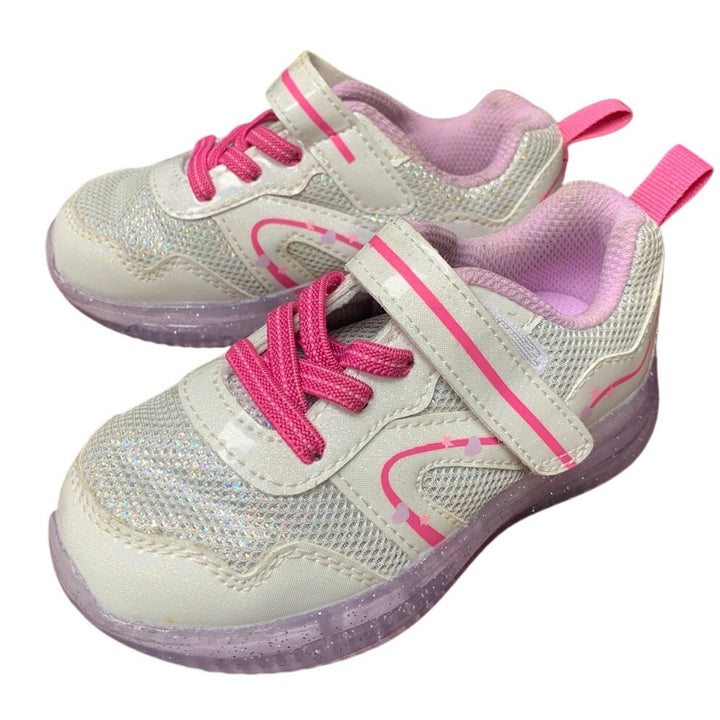 Yeskis Toddler Girls Size 8 Silver Pink Sneakers Hook Loop Close Light Up Shoes