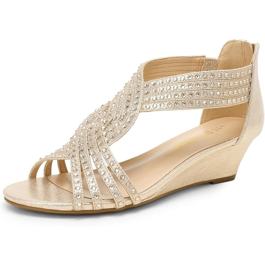 Dream Pairs Womens Size 8 Gold Rhinestone Open Toe 2" Wedge Heel Sparkle Sandals