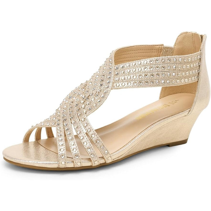 Dream Pairs Womens Size 8 Gold Rhinestone Open Toe 2" Wedge Heel Sparkle Sandals