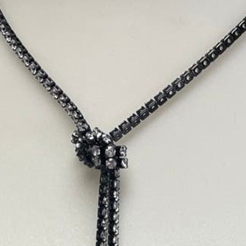 New in Red Gift Box Black Silver Rhinestone Long Knotted Lariat Necklace Jewelry