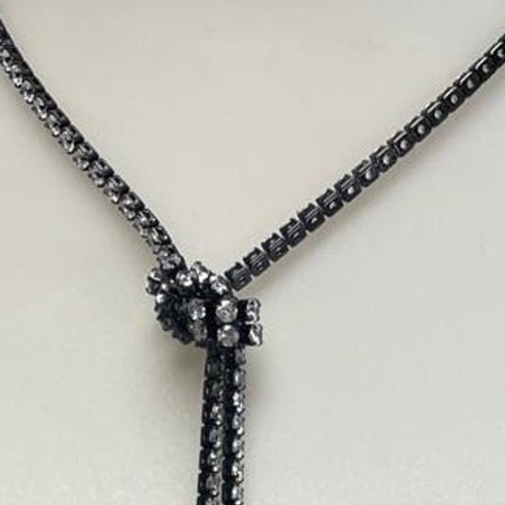 New in Red Gift Box Black Silver Rhinestone Long Knotted Lariat Necklace Jewelry