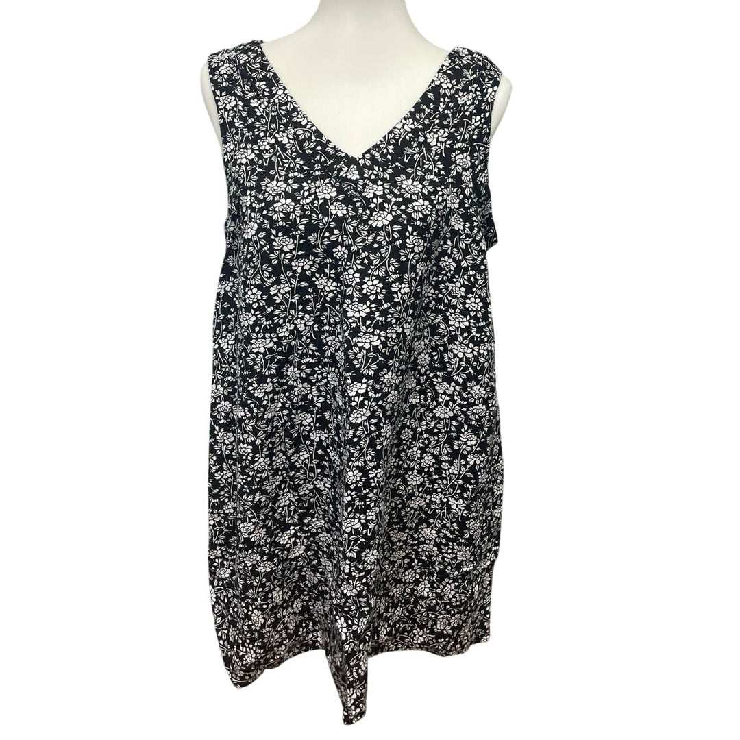 LOFT Womens Medium Sleeveless Black White Floral Linen Viscose Blend Dress