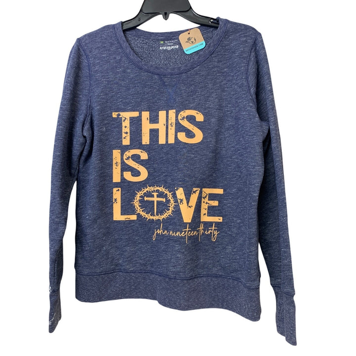 Upcycled Hand Printed Womens Large This is Love John 19:30 Blue Sweatshirt