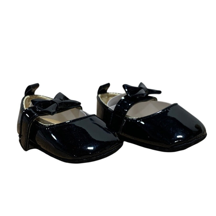 Newborn Baby Girls Size 1 Shiny Black Patent Leather Mary Jane Bow Infant Shoes