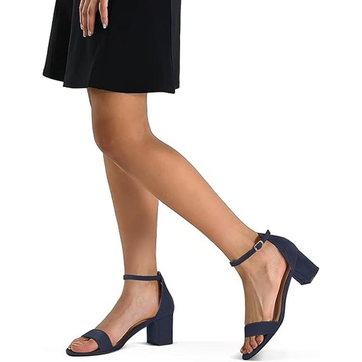 Mysoft Womens 9 Navy Blue 2.25" Chunky Heel Open Round Toe Ankle Strap Shoes