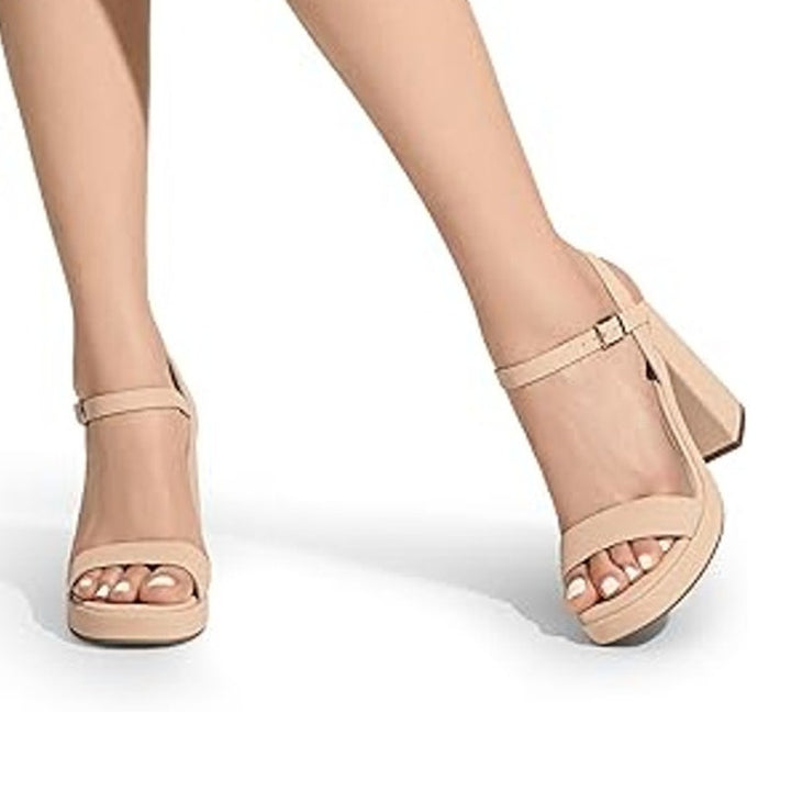 Dream Pairs Women Size 5 Tan Nude Faux Leather 4.5" Chunky Heel Open Toe Shoes