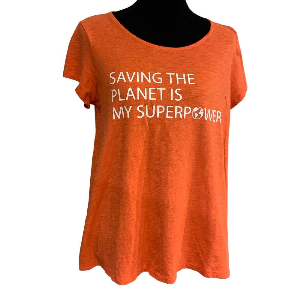 Hand Printed Upcycled Womens 1X Saving the Planet is My Superpower Tee
