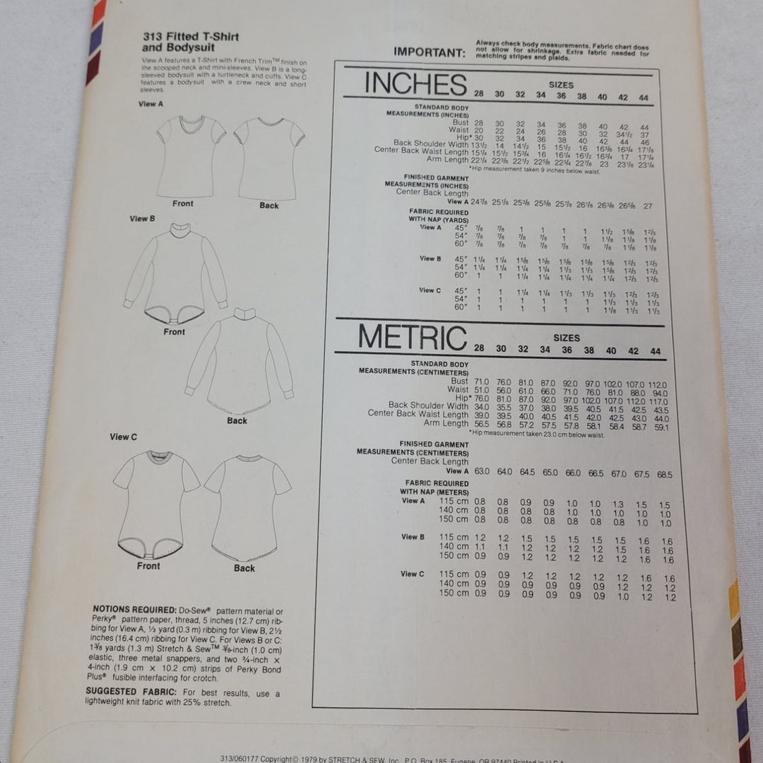 Vintage 1979 Stretch &amp; Sew 313 Fitted T-Shirt Bodysuit Knit Fabric Uncut Pattern