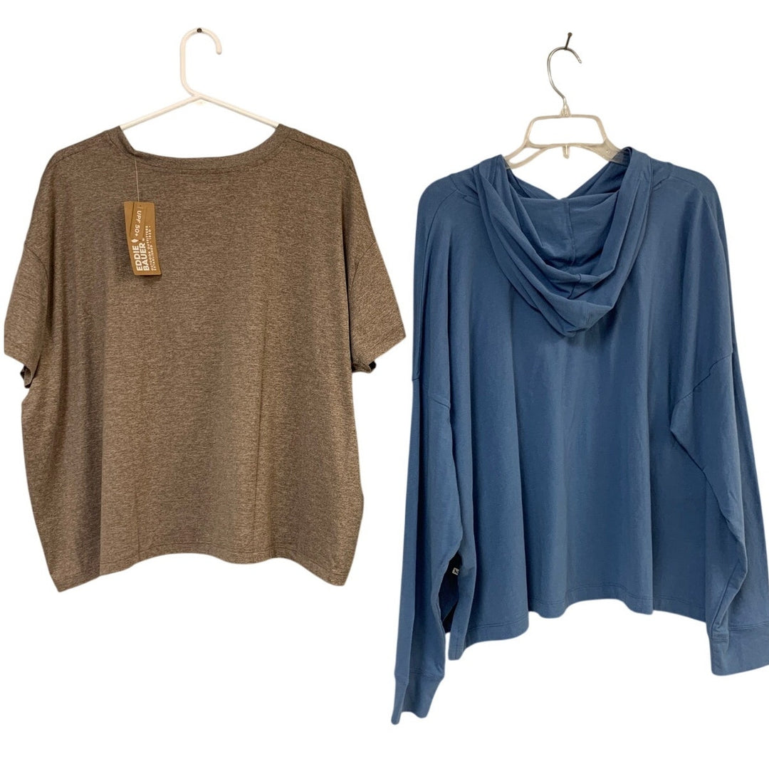 2 New Eddie Bauer Womens 2XL Tempo Blue Tan Hoodie Surreal Travel Crew Tee Tops